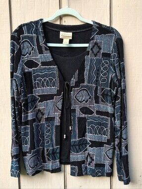 Renaissance Cardigan+Top Attached M Metalic Black Silver Long Sleeve Eclectic